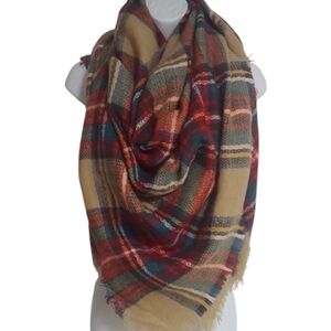 Tickled Pink Womens Plaid Flannel Blanket Scarf Fringe Edges Fall Winter 55"X55"